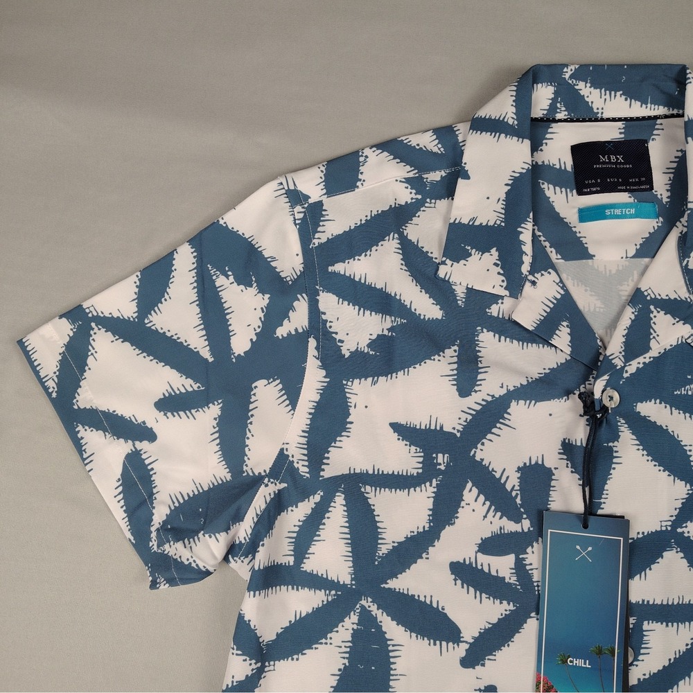 MBX Premium Goods Mens S NWT Camp Shirt Blue White Tropical Palm Leaf Stretch - Picture 4 of 15
